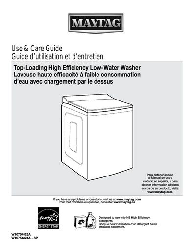 Maytag MVWB955FW Washing Machine User Instructions