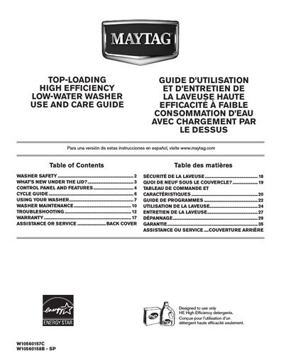 Maytag MVWX600BW Bravos Washing Machine User Instructions