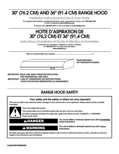 Maytag UXT4236ADW Cooker Hood User Instructions