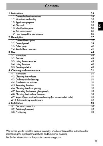 SMEG SF166X Electric Ventilated Oven Instruction manual