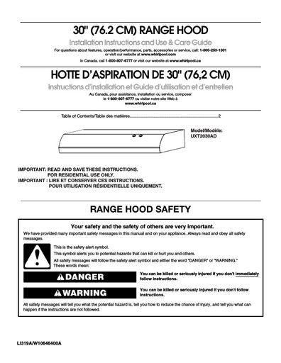 Maytag UXT2030ADW Cooker Hood User Instructions