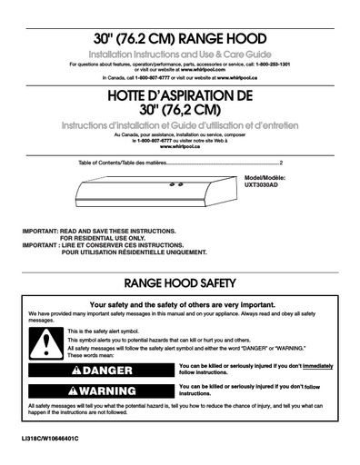 Maytag UXT3030ADW Cooker Hood User Instructions