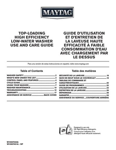 Maytag MVWC555DW Centennial Washing Machine User Instructions