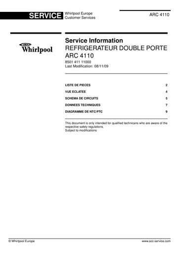 Whirlpool ARC 4110 Service Manual
